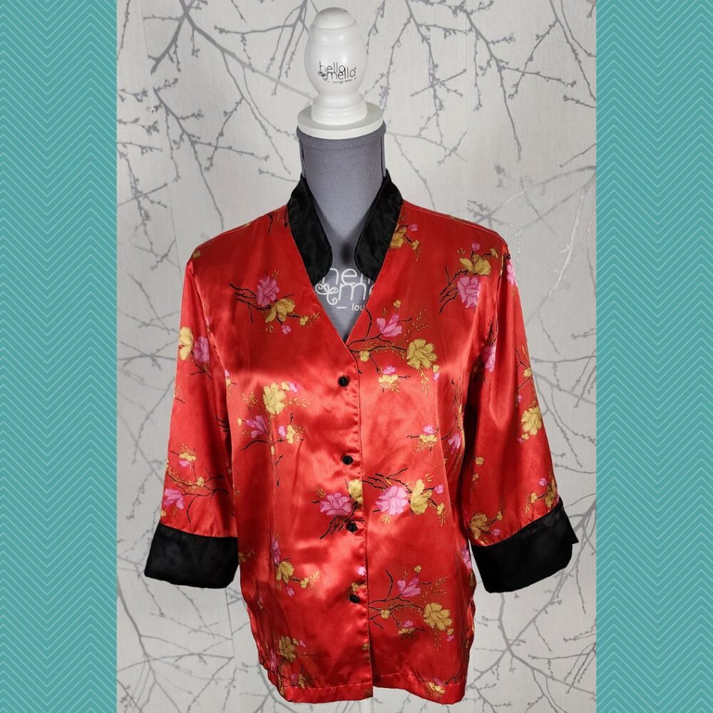 Shanghai Red Satin Floral Print Chinese Blouse
